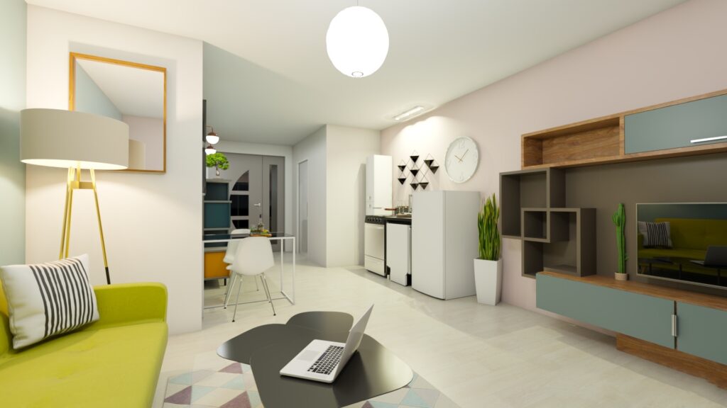 Modélisation 3D d’un salon moderne par Pierre-Gérard Martin, photographe immobilier à Nice