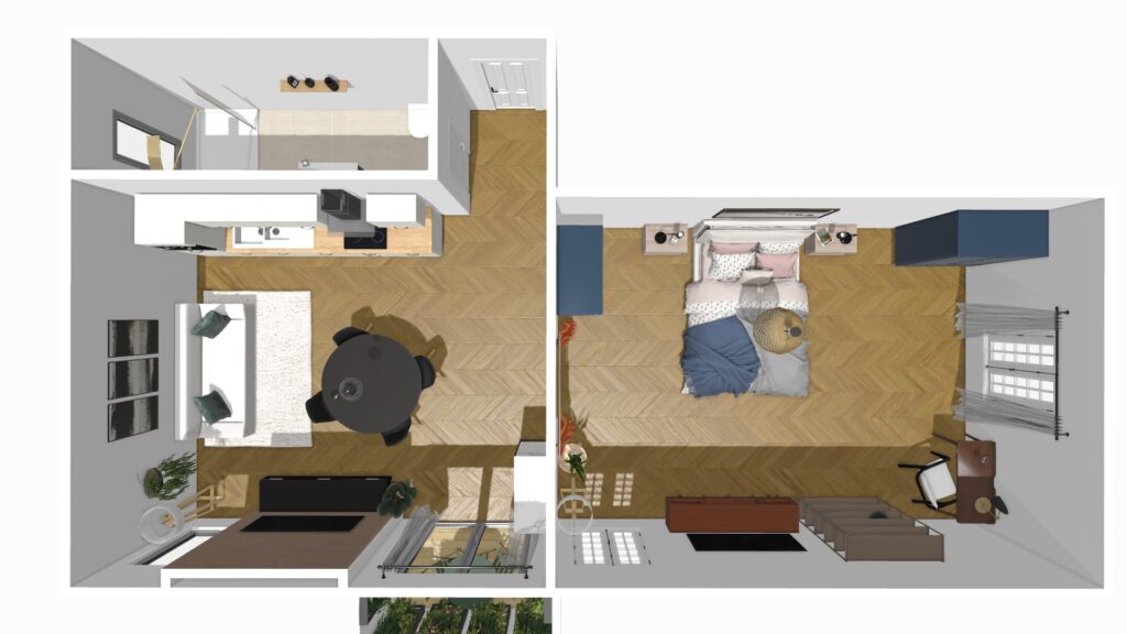 Vue 3D d’ensemble d’un appartement modélisé par Pierre-Gérard Martin, photographe immobilier à Nice