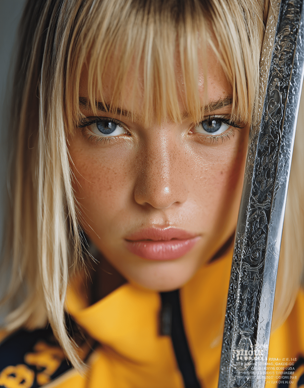 Portrait serré d’une femme blonde en tenue jaune tenant une épée – image IA par Pierre-Gérard Martin – 123IA.photo