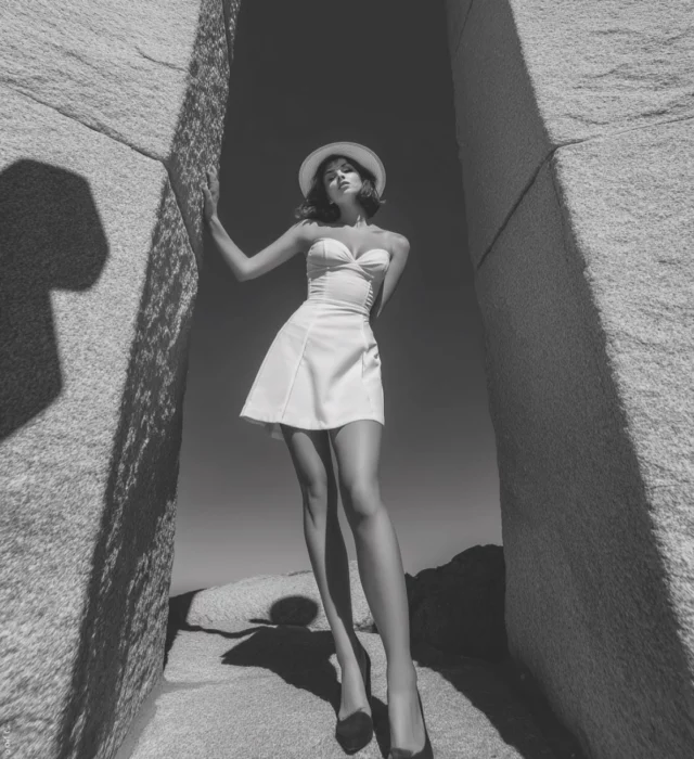 Caption:Timeless grace carved in sunlight and stone.Channeling old Hollywood elegance by the sea.#TimelessBeauty #RetroVibes #BlackAndWhiteMagic #EditorialMood #VintageSummer #CinematicPortrait #ClassicElegance #StyleInMonochrome #FineArtPhotography #VisualPoetry #MinimalMood #FashionInNature #PhotoArtistry