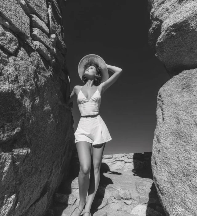 Caption:Timeless grace carved in sunlight and stone.Channeling old Hollywood elegance by the sea.#TimelessBeauty #RetroVibes #BlackAndWhiteMagic #EditorialMood #VintageSummer #CinematicPortrait #ClassicElegance #StyleInMonochrome #FineArtPhotography #VisualPoetry #MinimalMood #FashionInNature #PhotoArtistry