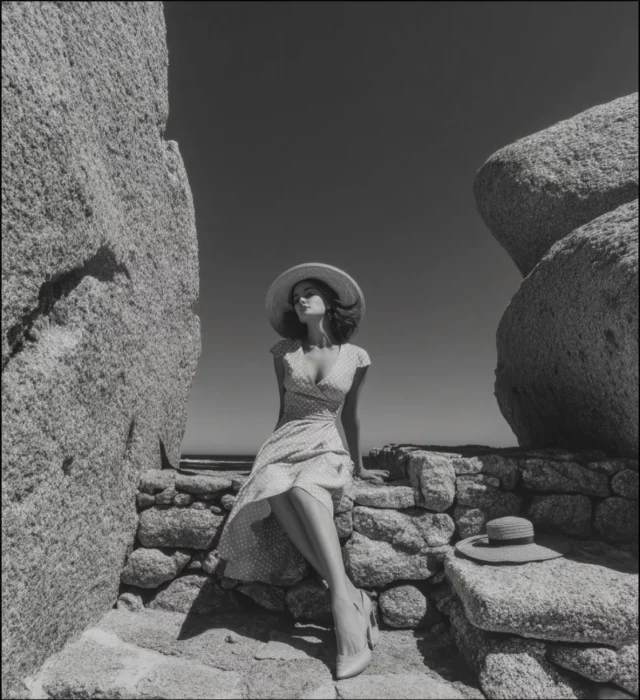 Caption:Timeless grace carved in sunlight and stone.Channeling old Hollywood elegance by the sea.#TimelessBeauty #RetroVibes #BlackAndWhiteMagic #EditorialMood #VintageSummer #CinematicPortrait #ClassicElegance #StyleInMonochrome #FineArtPhotography #VisualPoetry #MinimalMood #FashionInNature #PhotoArtistry
