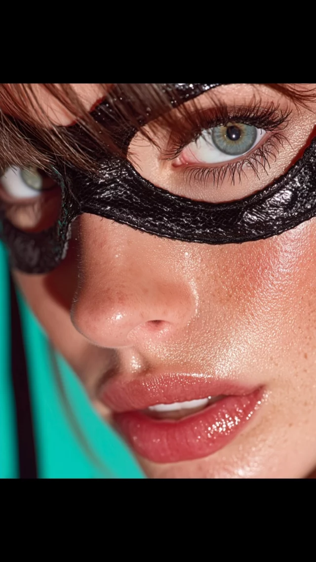 Here’s a professional and stylish Instagram caption for your photo in English, tailored for high-end photography content:⸻Caption:Unapologetically bold. Where mystery meets elegance in every detail.#EyesThatSpeak #MaskedMuse #EditorialBeauty #GlossyLips #BoldAesthetics #HighFashionVibes #StudioPortrait #BeautyPhotography #ProRetouch #CreativeConcept #ModelMood #LuxuryVisuals #CinematicStyle #PortraitVision⸻Let me know if you want a French version or something more playful, poetic, or minimal.