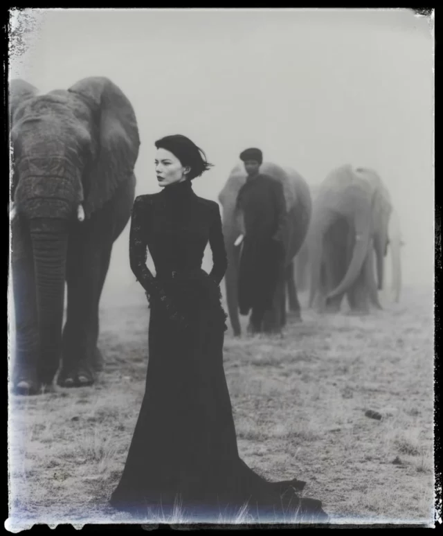 Photographie de mode en noir et blanc, entre élégance absolue et nature sauvage.Une femme en robe noire sculpturale au milieu des éléphants, comme figée dans une scène de film intemporel.Esthétique cinématographique, textures argentiques et contraste brut.#photographemode #noiretblanc #eleganceintemporelle #fashioneditorial #cinematicstyle #artphotography #wildbeauty #analogvibes #vintagefashion #portraitartistique #africanfashioninspo #photographyandwildlife #fineartportrait #noirstyle #femininemystery #shootmode #photographeàNice #stylishcomposition #fashionwithnature