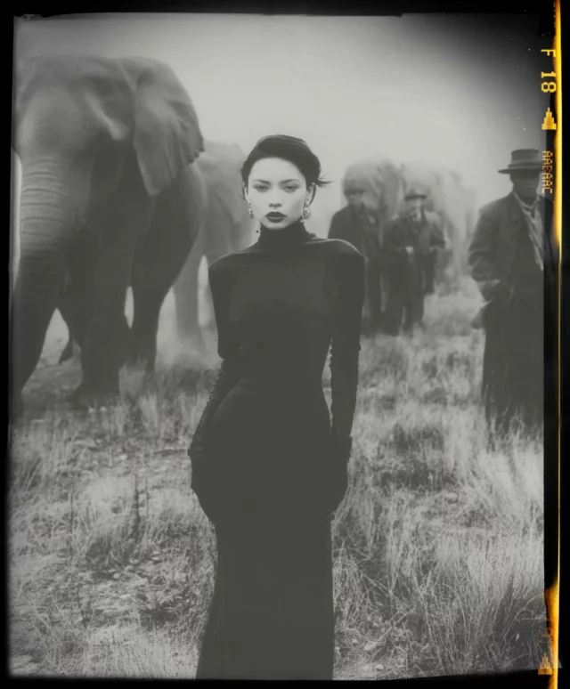 Photographie de mode en noir et blanc, entre élégance absolue et nature sauvage.Une femme en robe noire sculpturale au milieu des éléphants, comme figée dans une scène de film intemporel.Esthétique cinématographique, textures argentiques et contraste brut.#photographemode #noiretblanc #eleganceintemporelle #fashioneditorial #cinematicstyle #artphotography #wildbeauty #analogvibes #vintagefashion #portraitartistique #africanfashioninspo #photographyandwildlife #fineartportrait #noirstyle #femininemystery #shootmode #photographeàNice #stylishcomposition #fashionwithnature
