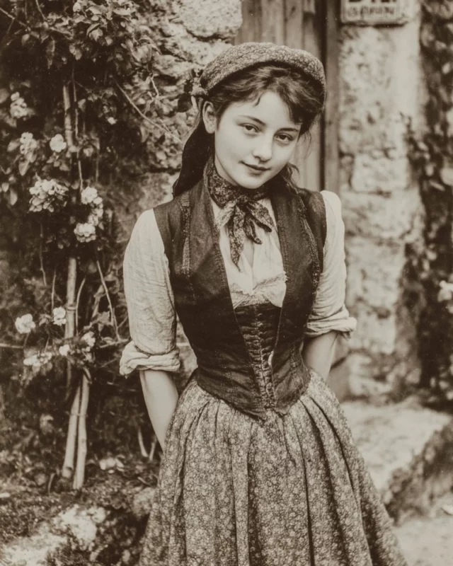Classe moyenne ou aisée, début du XXe siècle (vers 1900–1910). Le cadre est plus urbain ou mondain (jardin soigné, bâtiment en arrière-plan, autres personnes présentes).	•	Tenue vestimentaire : Costume élégant : blouse à col montant orné de dentelle, veste cintrée à double boutonnage, jupe longue droite, et large chapeau à ruban. Style typique de la mode édouardienne ou belle époque, influencée par Paris ou Vienne.	•	Photographie : Format carte-postale, très en vogue vers 1900–1920. L’attitude et le regard de la jeune femme traduisent une certaine confiance, peut-être liée à un statut social plus élevé.