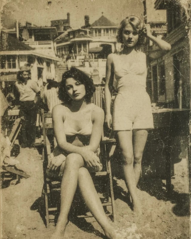 Assises sur des transats ou debout dans le sable, ces jeunes femmes incarnent l’élégance estivale de la fin des années 40. On remarque l’influence du style pin-up dans les coupes des vêtements, tout en conservant un certain classicisme dans les poses. En arrière-plan, les villas typiques du littoral méditerranéen ou atlantique, aux balcons ouvragés, donnent à la scène un charme d’époque.#PhotographieVintage #Estivales1940 #ModeBalnéaire #SouvenirsDÉté #FemmesDuXXe